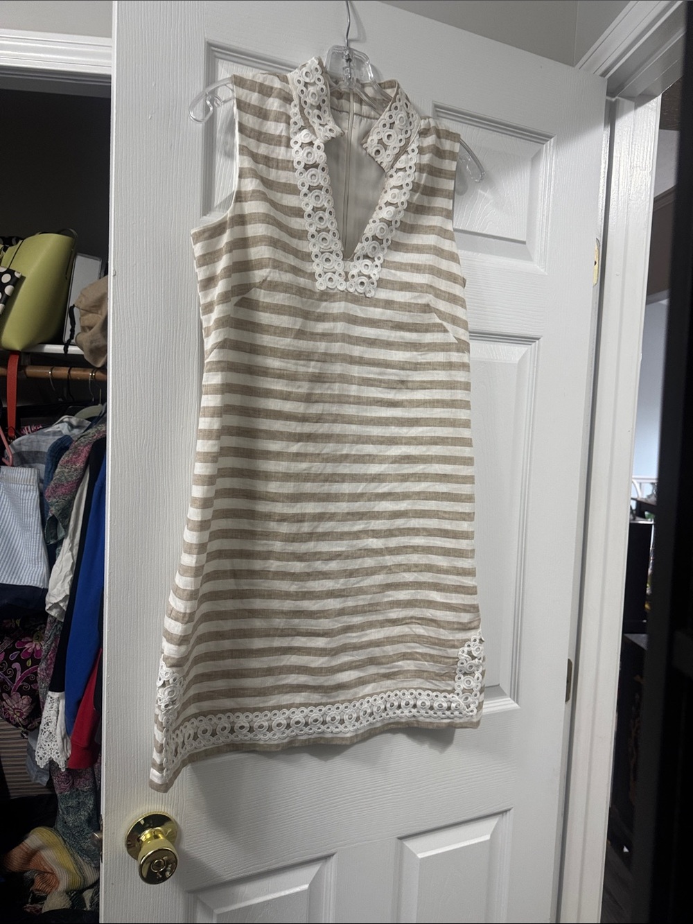 Eliza J Beige and White Striped Sleeveless Mini Dress with Eyelet Trim